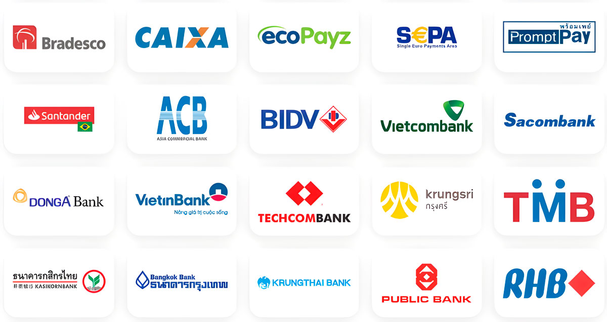 Logos von Zahlungsmethoden: Visa, Mastercard, Bitcoin, E-Wallets