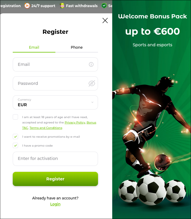 Screenshot des Verde Casino Registrierungsformulars